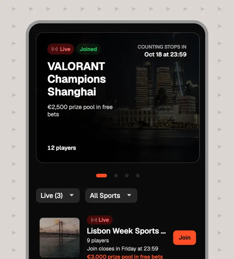Competitions on a phone: a live, joined VALORANT Champions Shanghai tournament with a free-bet prize pool and a countdown, and a second live tournament open to join below it.