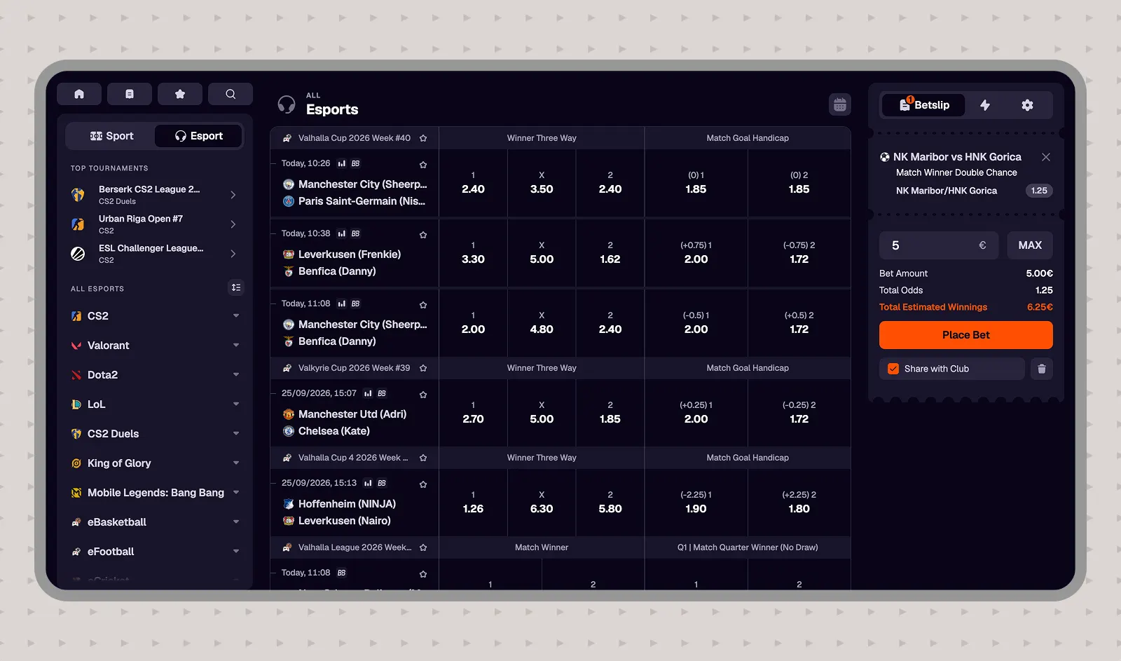 The Corwyn sportsbook in a midnight build with an orange accent: the esports rail, the market list and a bet slip with a Place Bet button.