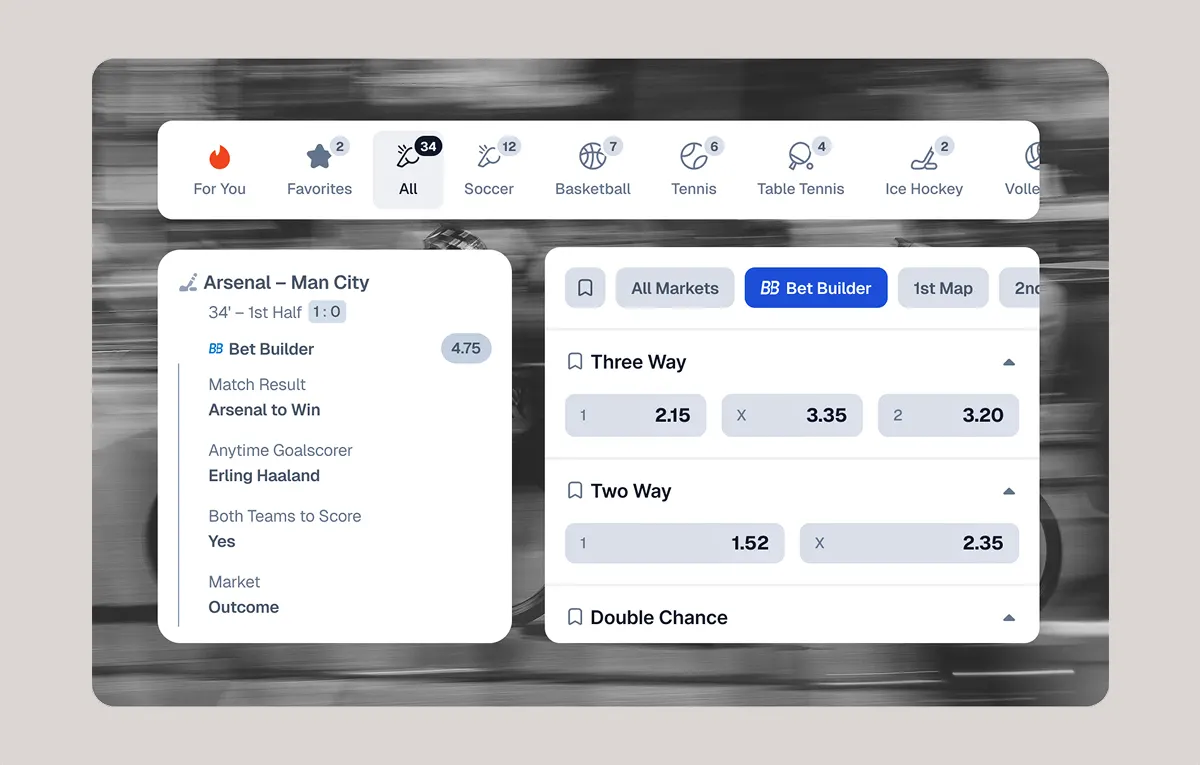 A Bet Builder card for Arsenal against Man City combining four selections at 4.75, beside the match's Bet Builder markets, under the sport filters.