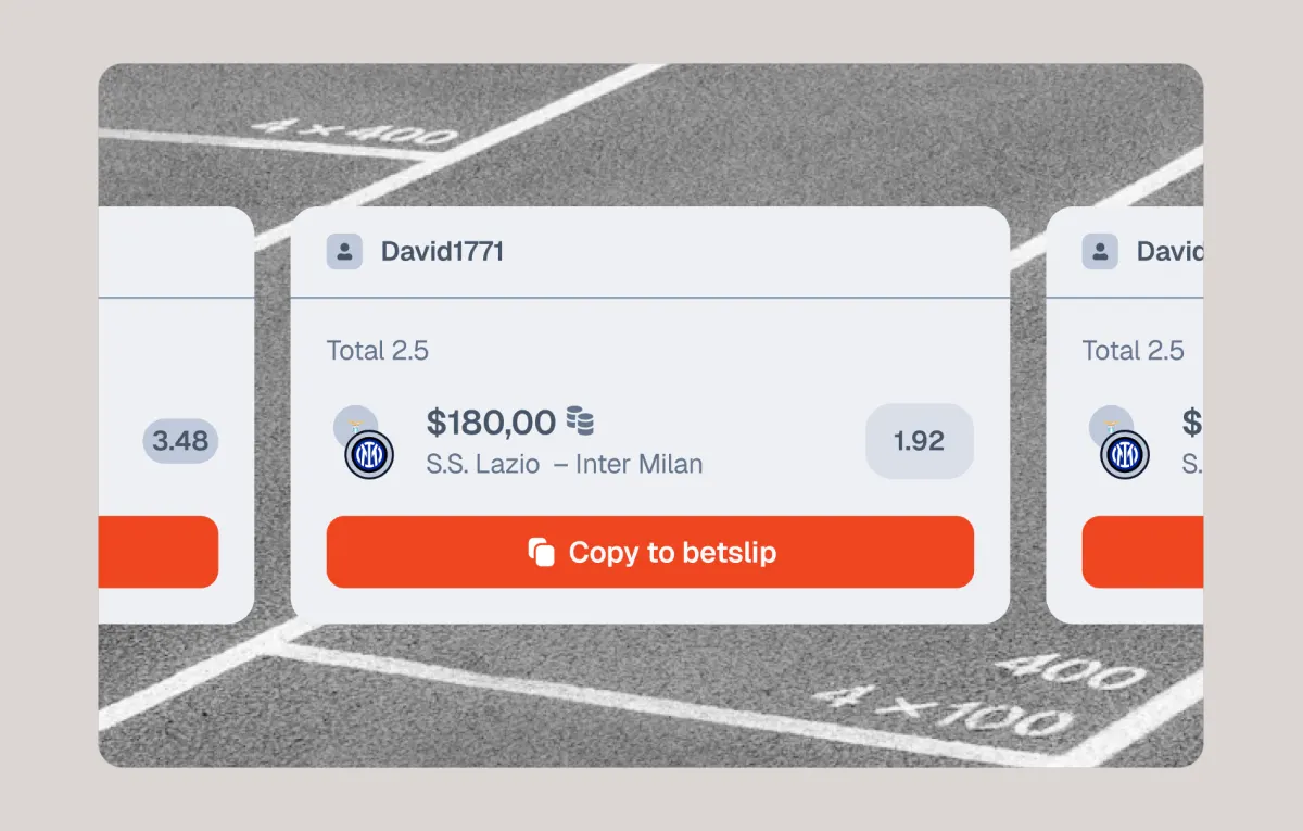 A bettor's shared pick on Lazio against Inter Milan, $180 on Total 2.5 at 1.92, with a Copy to betslip button, between two more picks in a scrolling row.