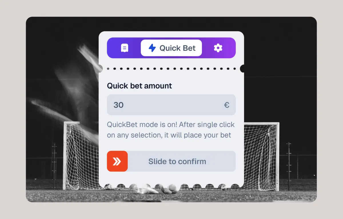 The Quick Bet tab of the bet slip: a 30 euro quick bet amount, a note that a single click on any selection places the bet, and a Slide to confirm control.