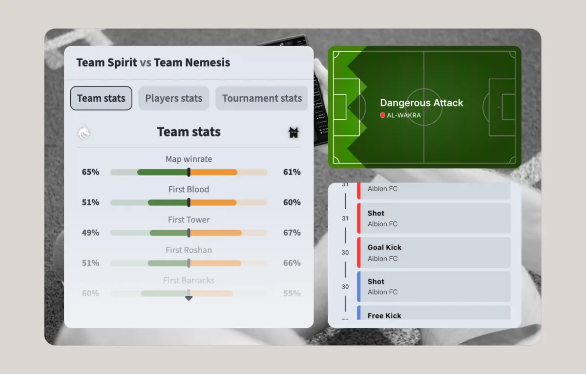 Team Spirit against Team Nemesis: team stats comparing map win rate, first blood, first tower and first Roshan, beside a pitch view of a dangerous attack and a play-by-play list.