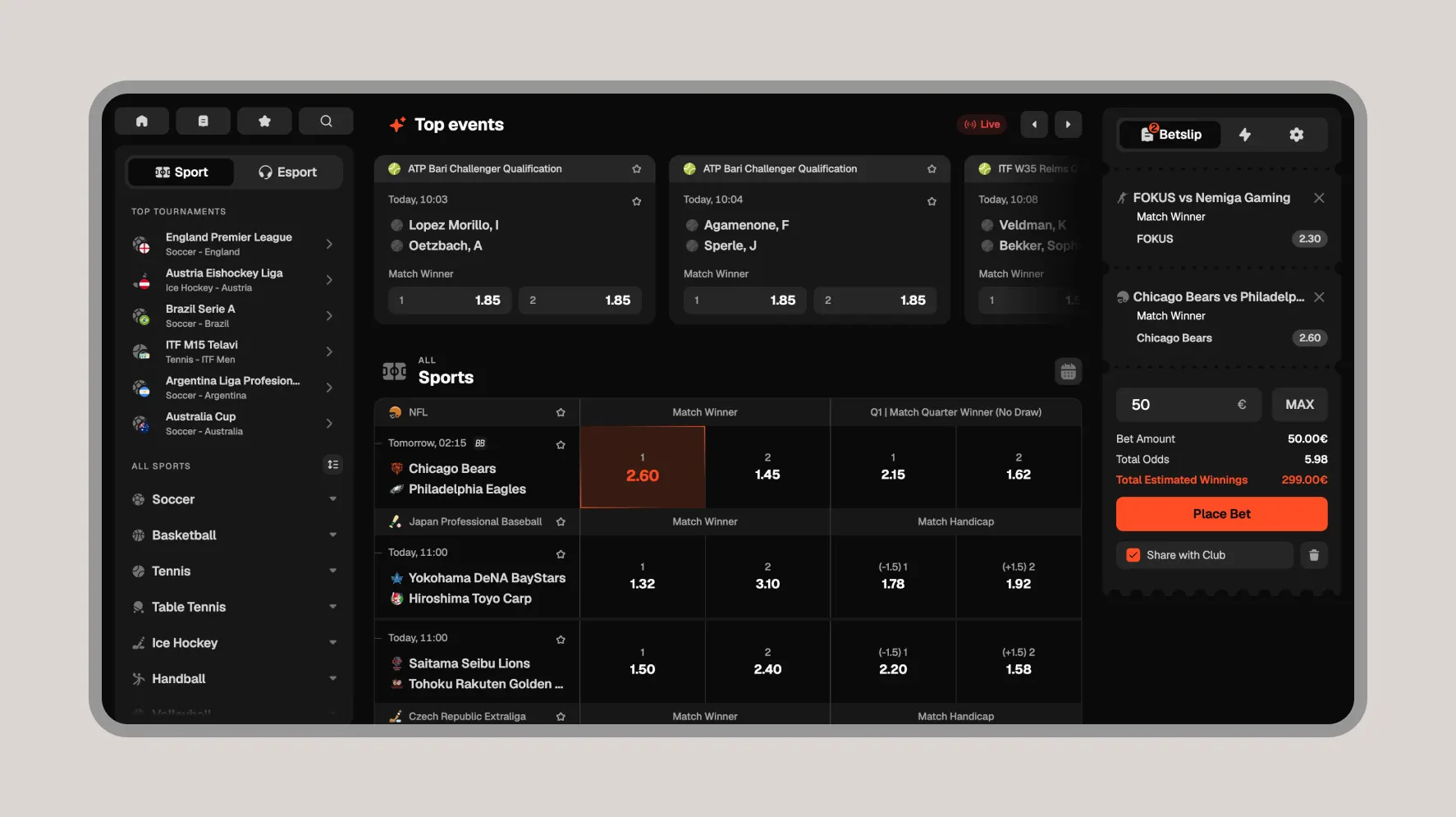 A Corwyn sportsbook in its dark build: live matches with their scores, trackers and odds, ready to bet on.